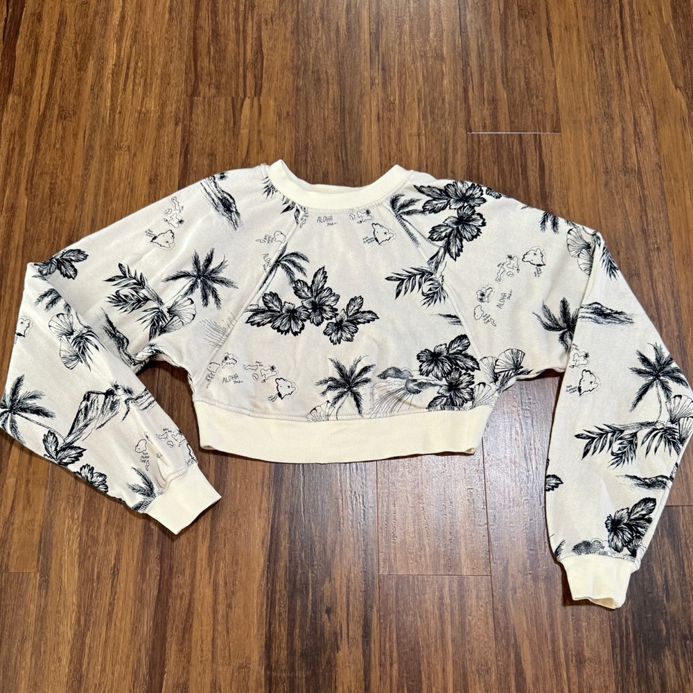 Free People Women's Cropped Sweatshirt Size XS Aloha Hawaii Print Ivory Black